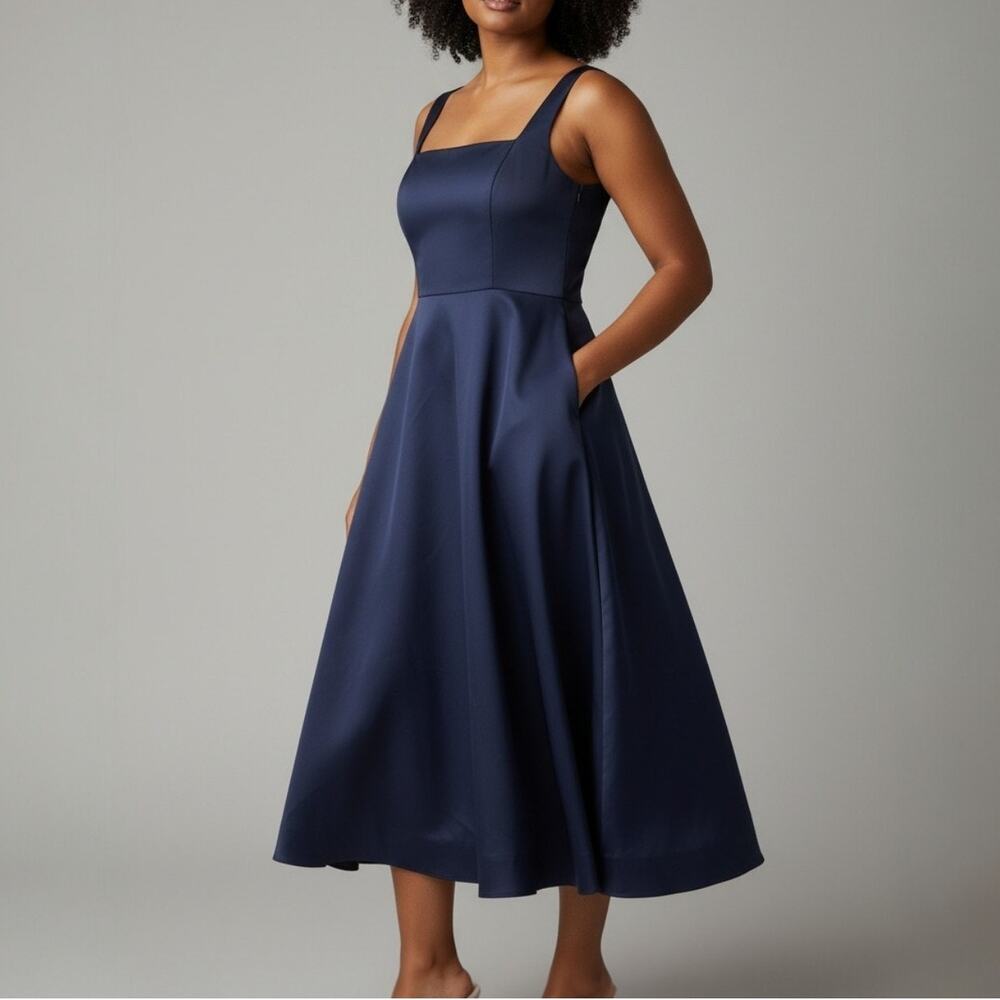 Dessy Collection Navy Blue Square Neck Full Skirt Midi Formal Dress Size 18 NWT
